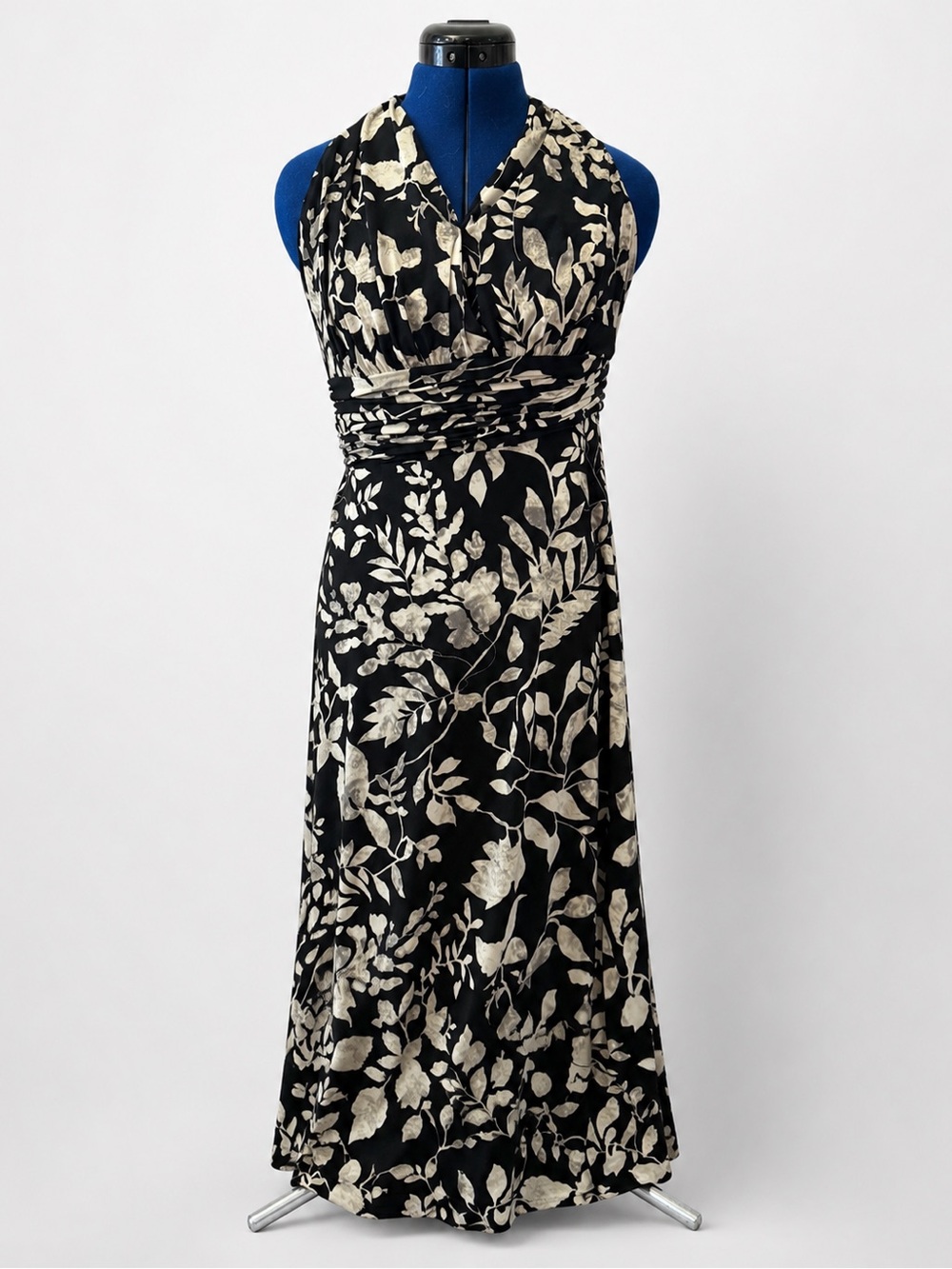 Evan Picone Black White Floral Halter Dress Size 4 Ruched Waist Sleeveless